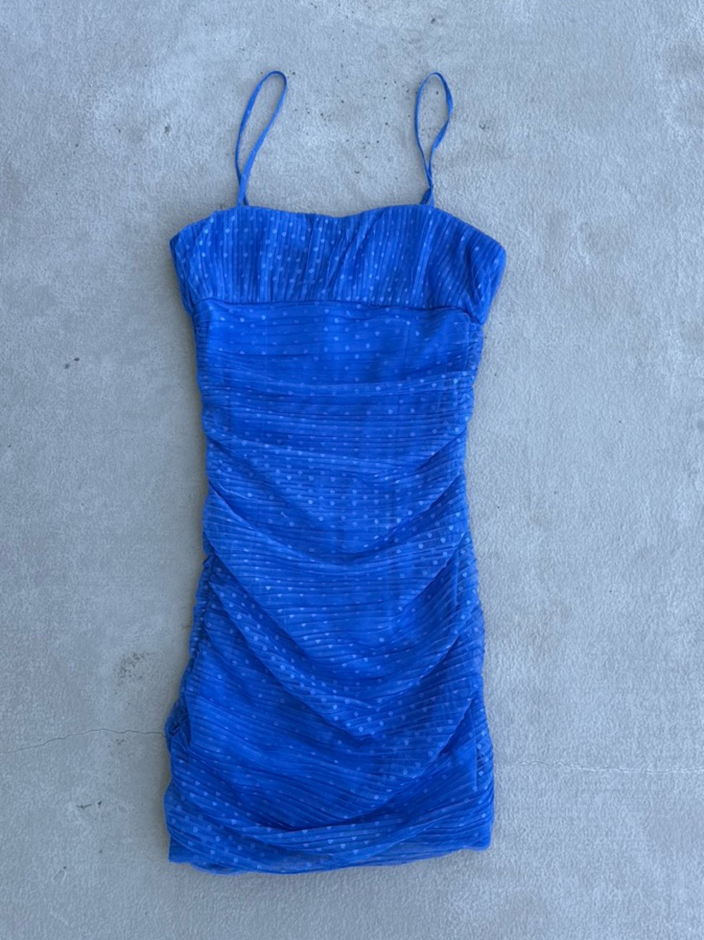 BCBGeneration Electric Blue Spaghetti Strap Dress with Polka Dot Mesh